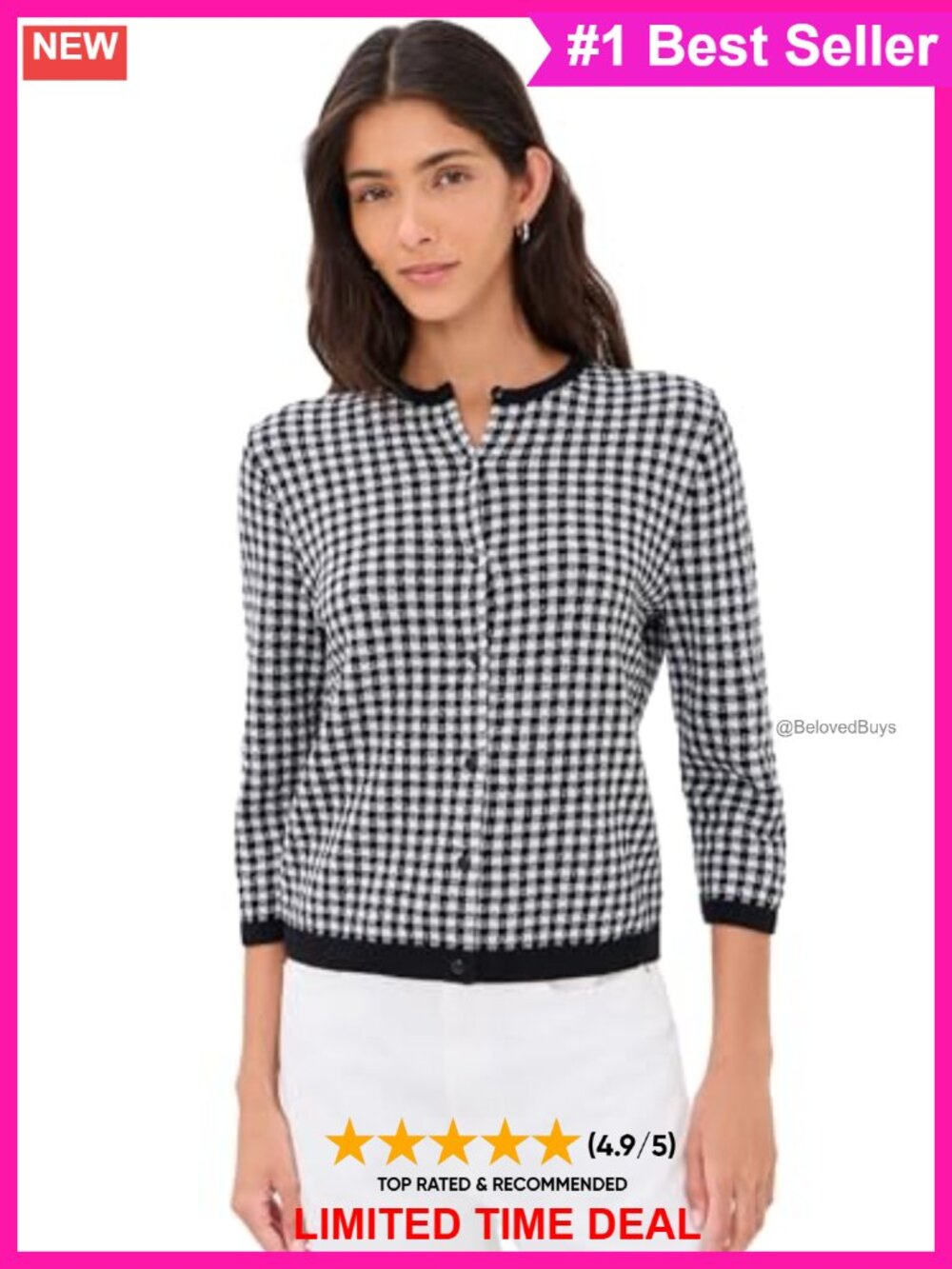 Gingham 3/4 Sleeve Button Cardigan Crew Neck Spring Summer Sweater